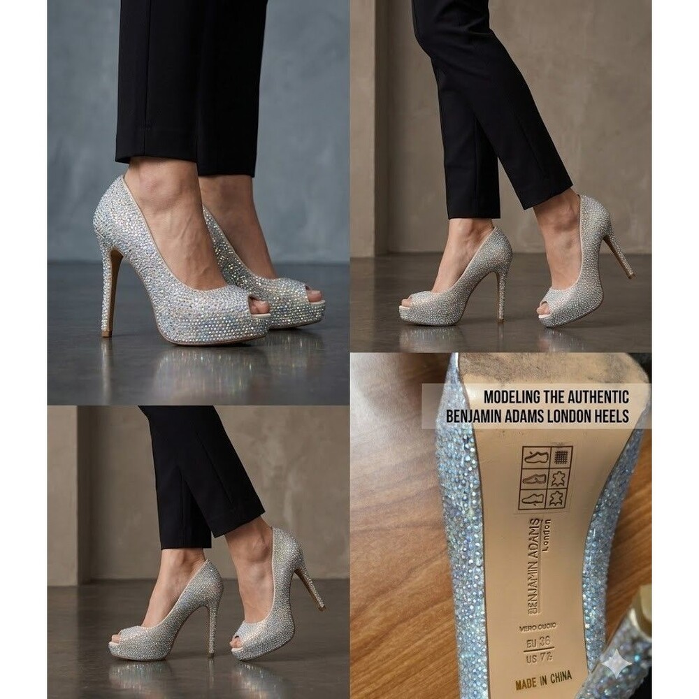 Benjamin Adams London Silver Jewel Encrusted Peep Toe Platform Pumps S 7.5/38